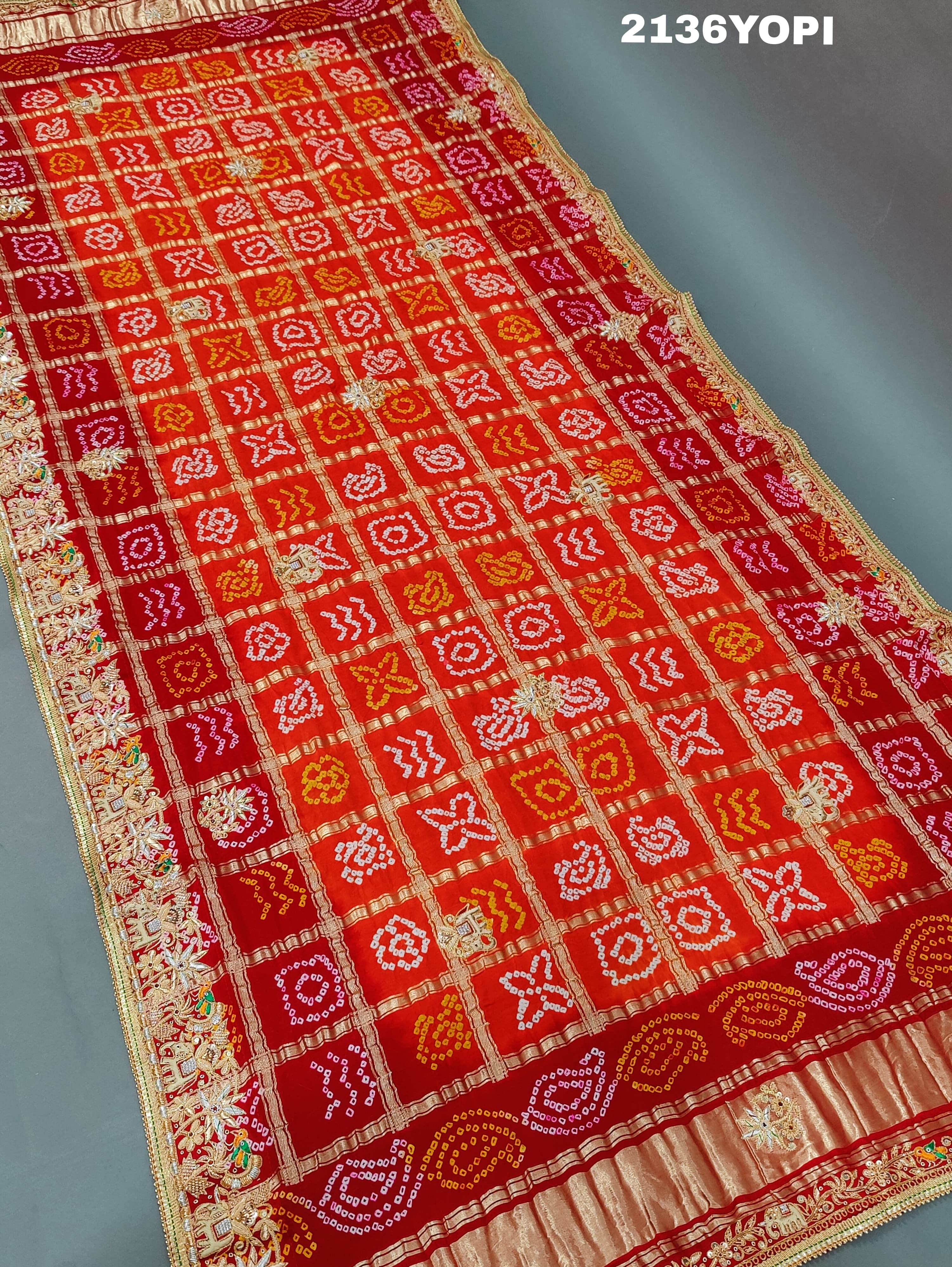 KcPc Trending Pure Gaji Silk Bandhani Jardoji Ghatchola Chunri Pila Odhna (Red Orange)