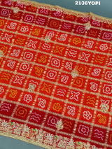 KcPc Trending Pure Gaji Silk Bandhani Jardoji Ghatchola Chunri Pila Odhna (Red Orange)