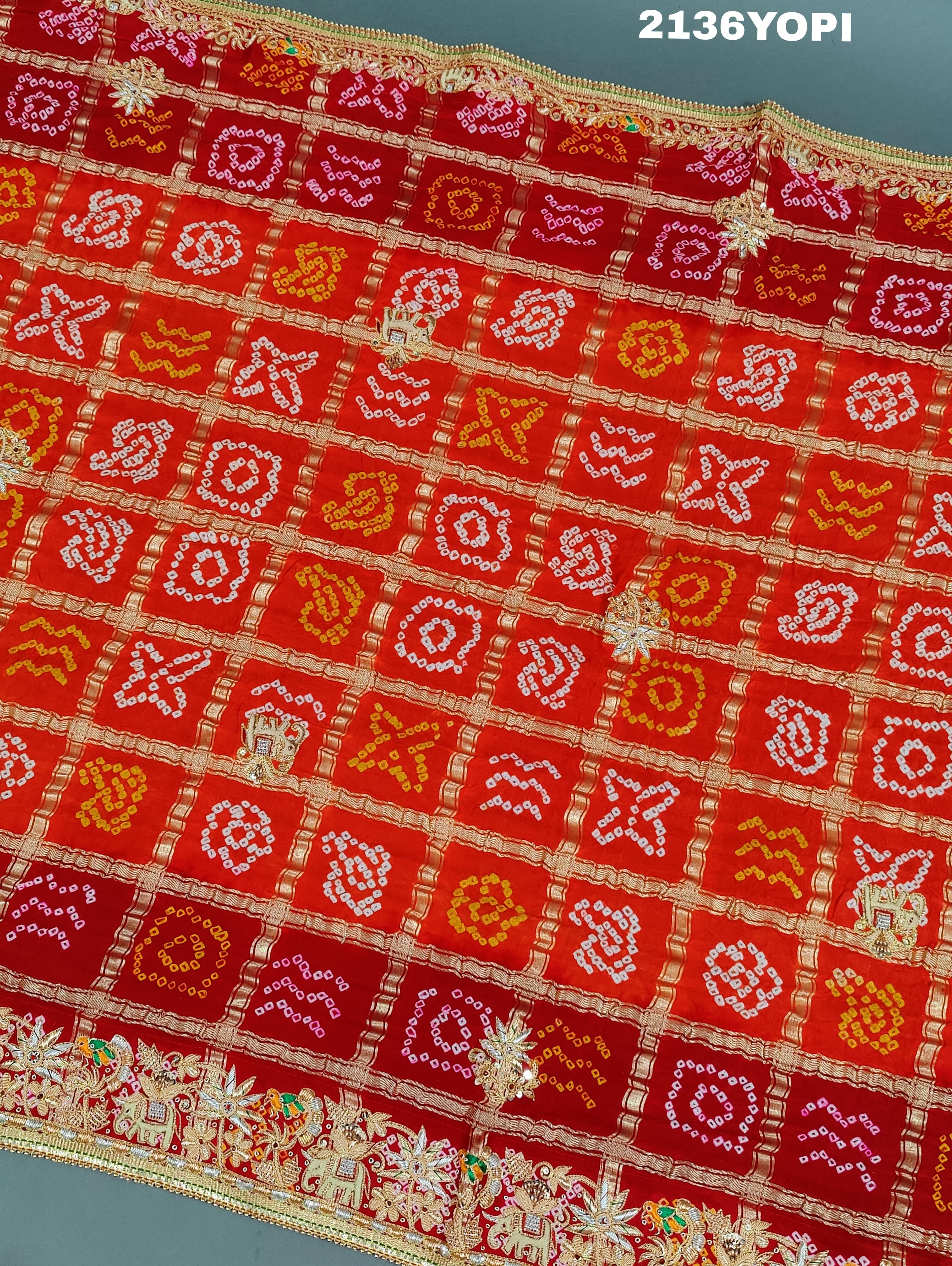 KcPc Trending Pure Gaji Silk Bandhani Jardoji Ghatchola Chunri Pila Odhna (Red Orange)