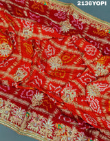 KcPc Trending Pure Gaji Silk Bandhani Jardoji Ghatchola Chunri Pila Odhna (Red Orange)