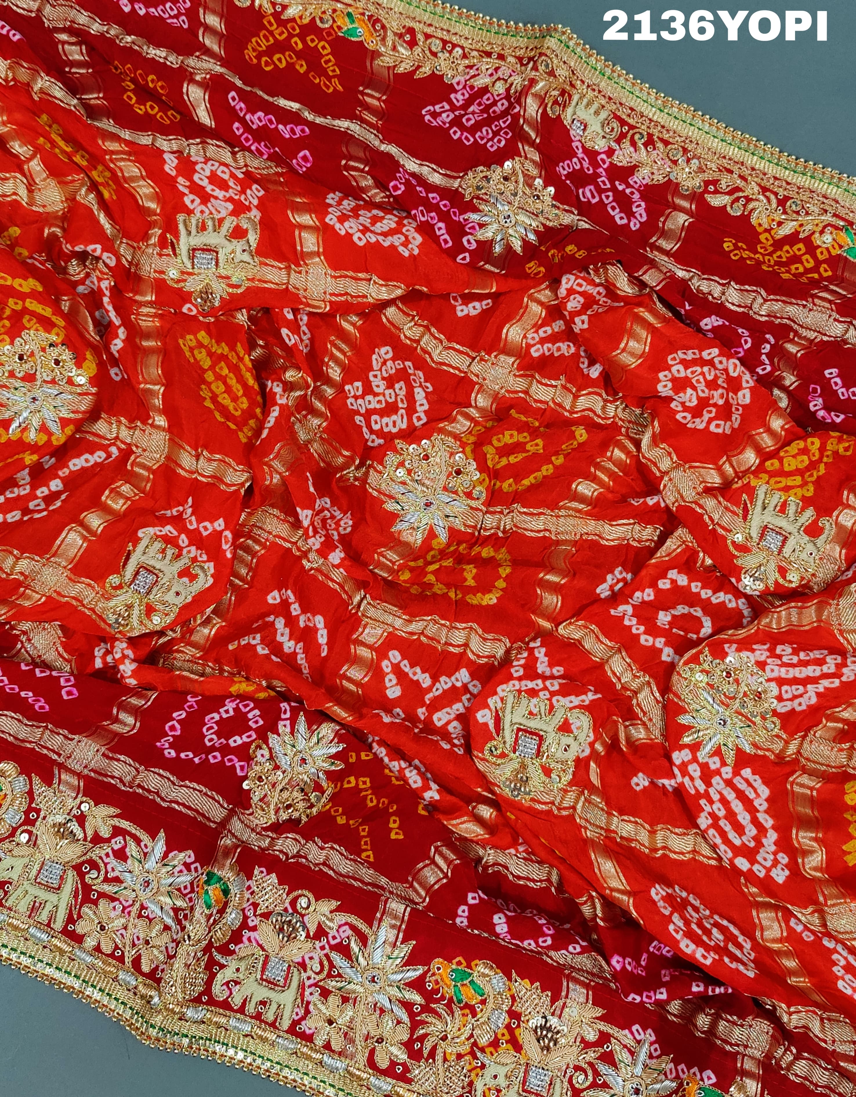 KcPc Trending Pure Gaji Silk Bandhani Jardoji Ghatchola Chunri Pila Odhna (Red Orange)