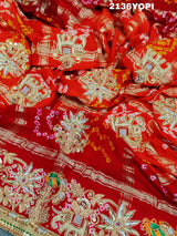 KcPc Trending Pure Gaji Silk Bandhani Jardoji Ghatchola Chunri Pila Odhna (Red Orange)