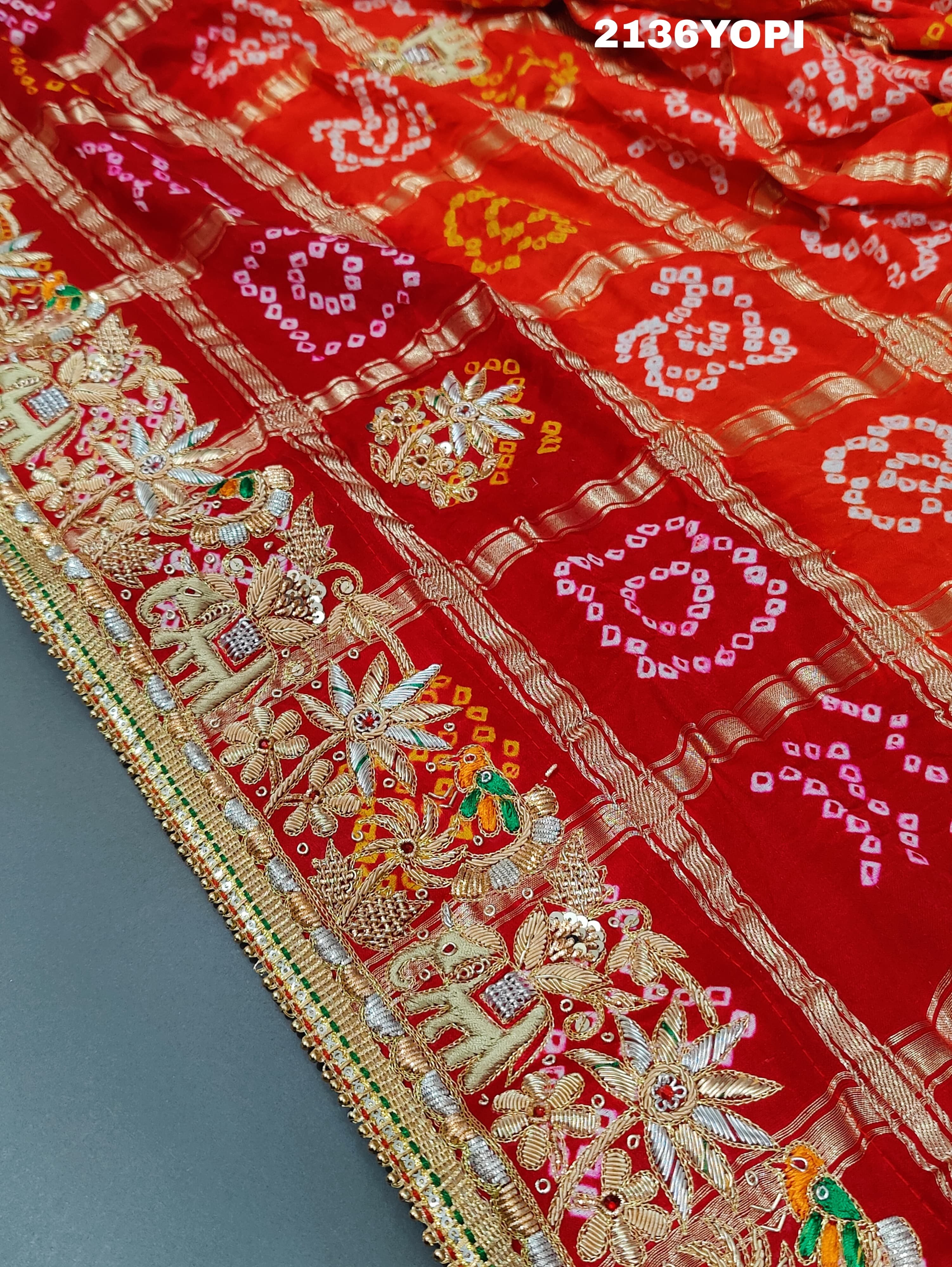 KcPc Trending Pure Gaji Silk Bandhani Jardoji Ghatchola Chunri Pila Odhna (Red Orange)