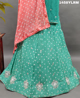 Alehenga with Bandhani style and cutdana work.