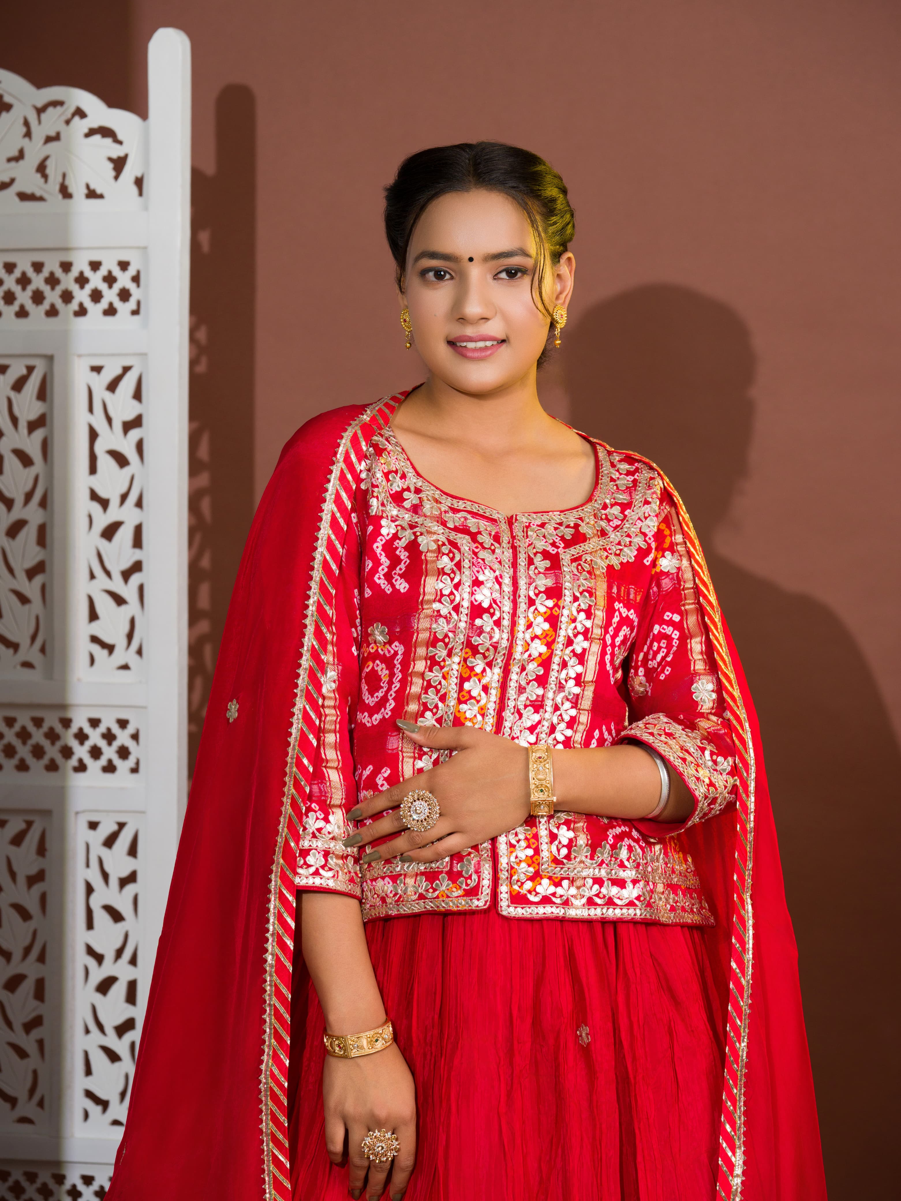 KcPc New Beautiful Gaji Silk Bandhani Style With Gotapatti indo western Dress WorkSATIS