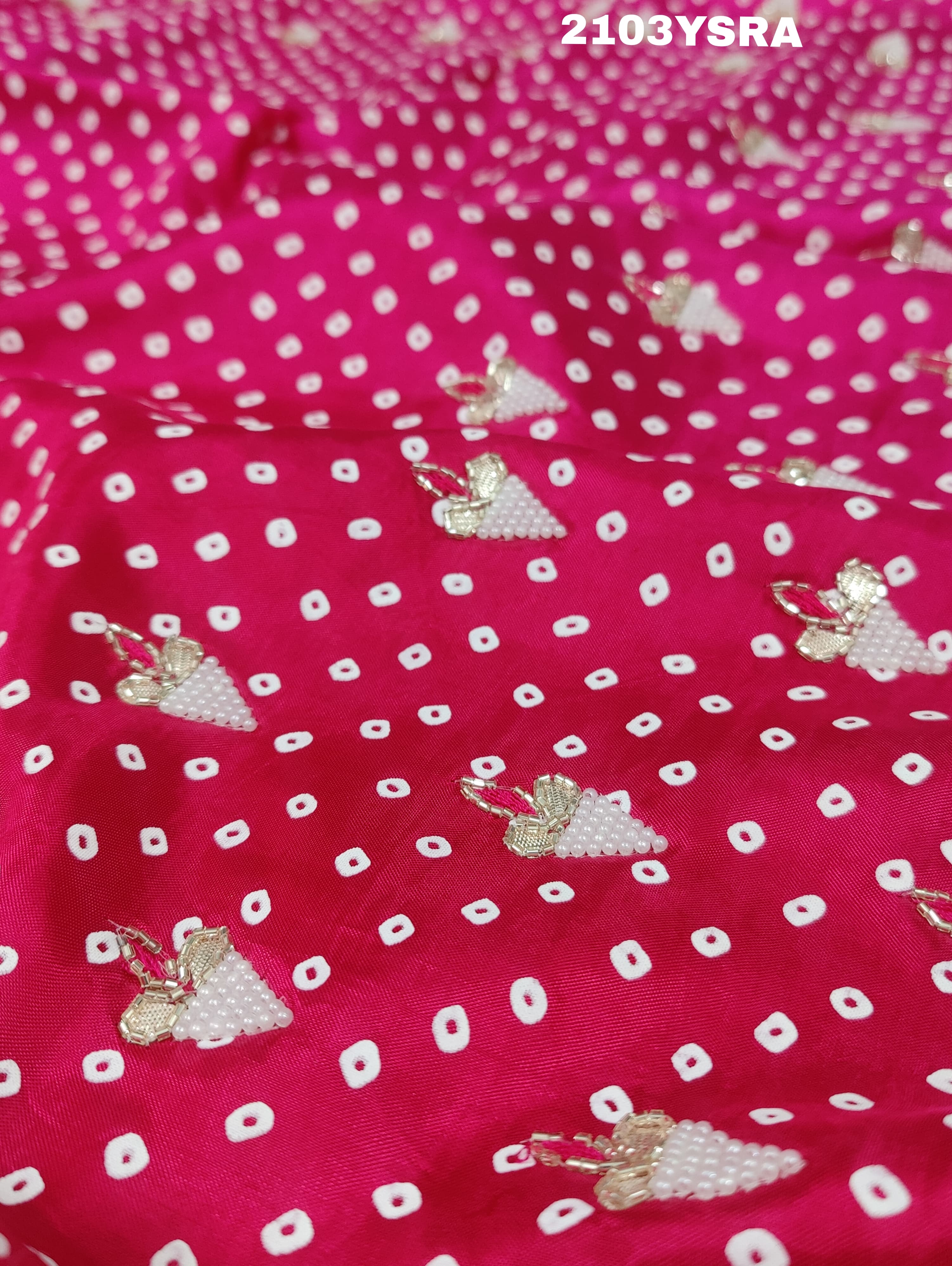 Silk Bandhani With Pearl Gotapatti Work Saree in rani colour