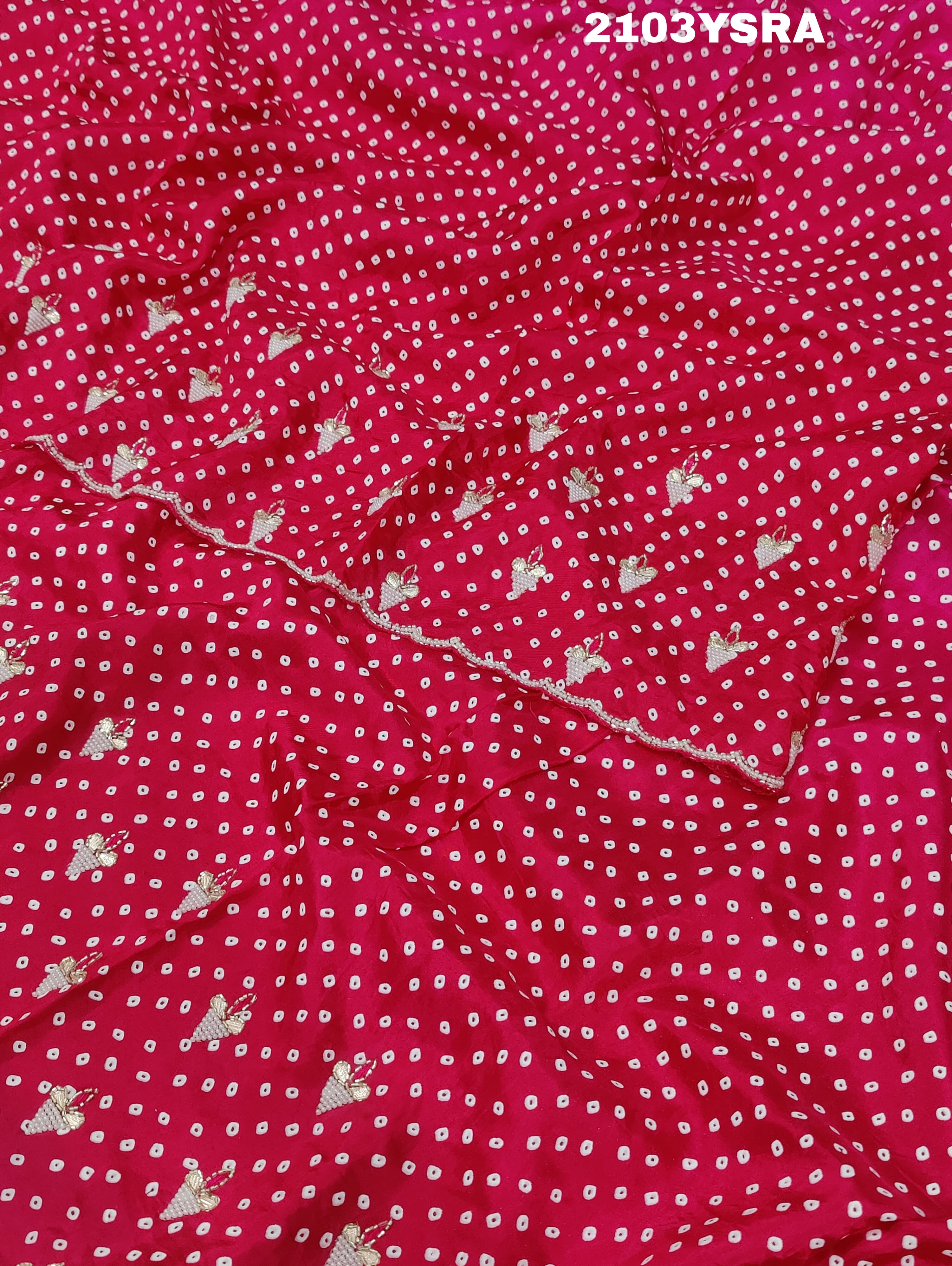 Silk Bandhani With Pearl Gotapatti Work Saree in rani colour