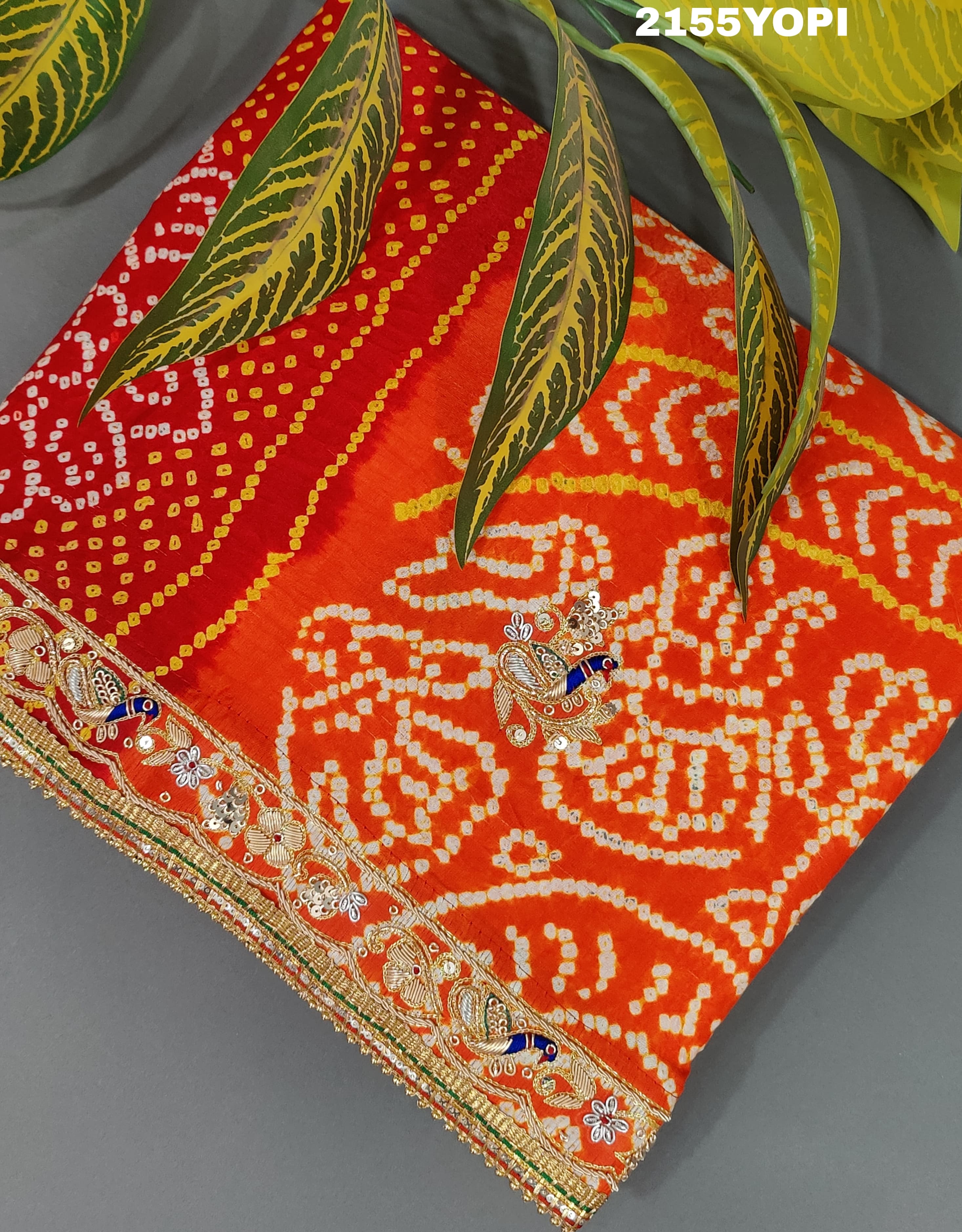 KcPc Gaji Silk Bandhej Marwadi Piliya Odhna with Zardoji Work MNL