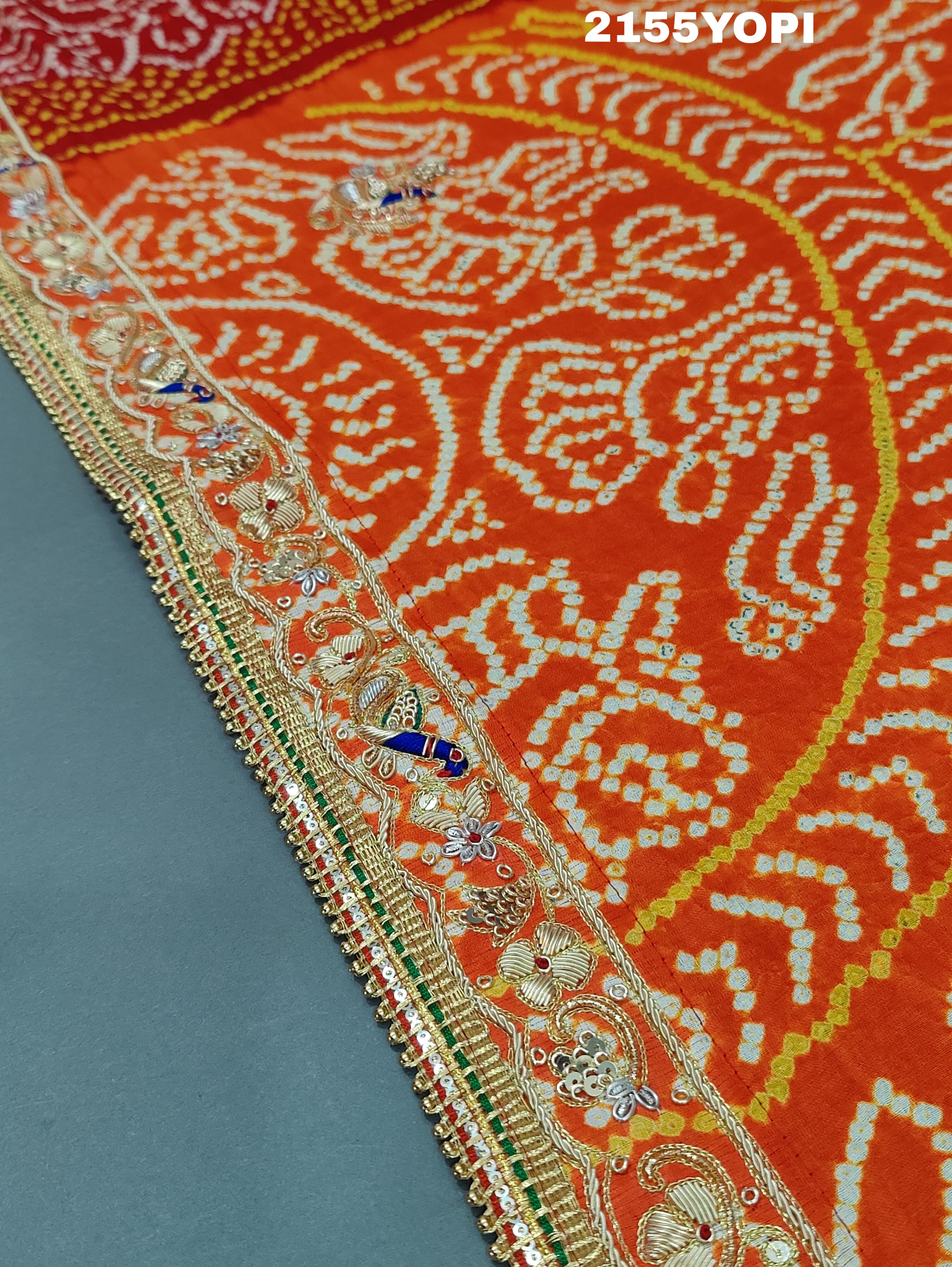 KcPc Gaji Silk Bandhej Marwadi Piliya Odhna with Zardoji Work MNL
