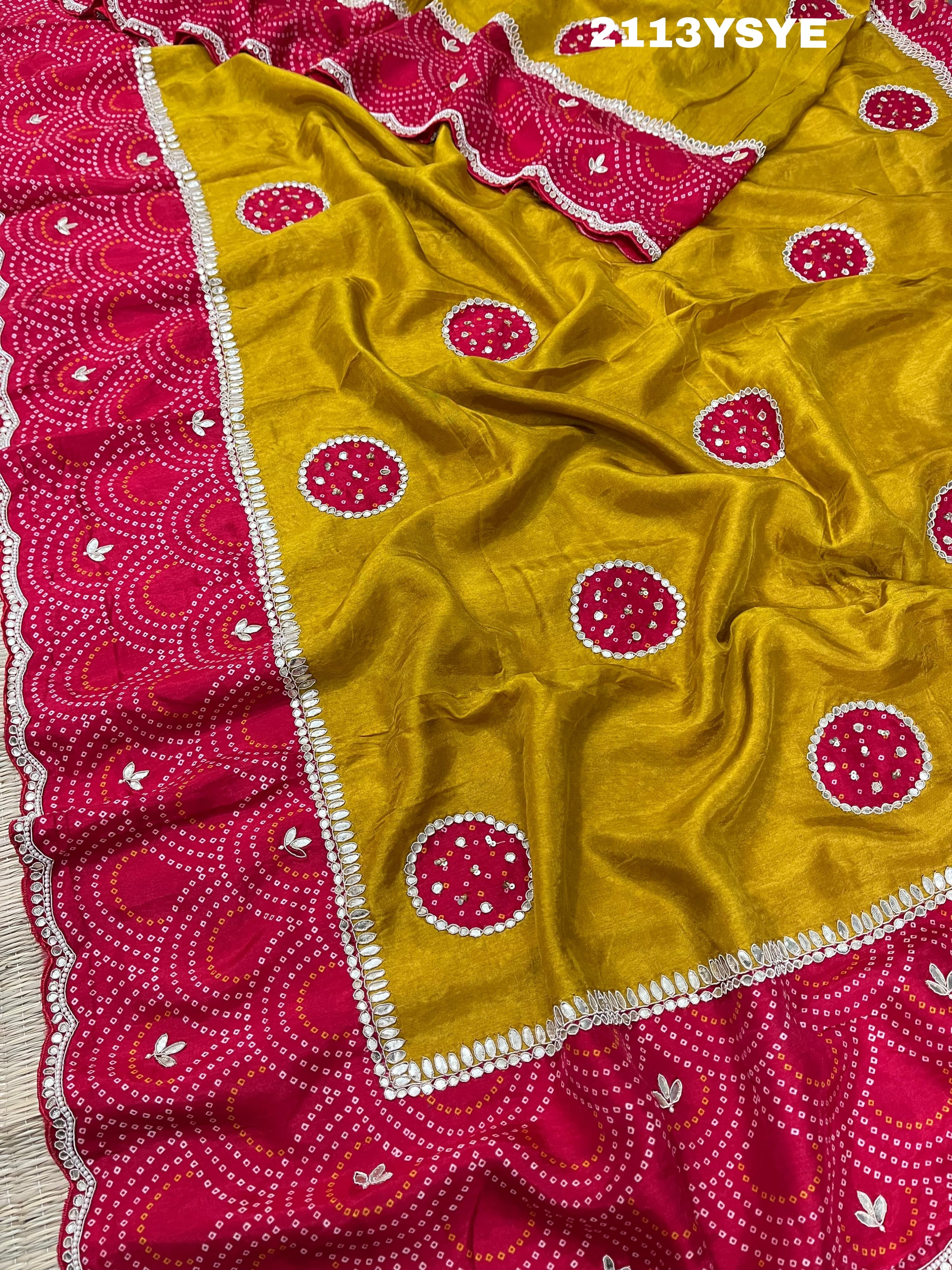 A yellow and red bandhani style dola silk saree with gota patti work