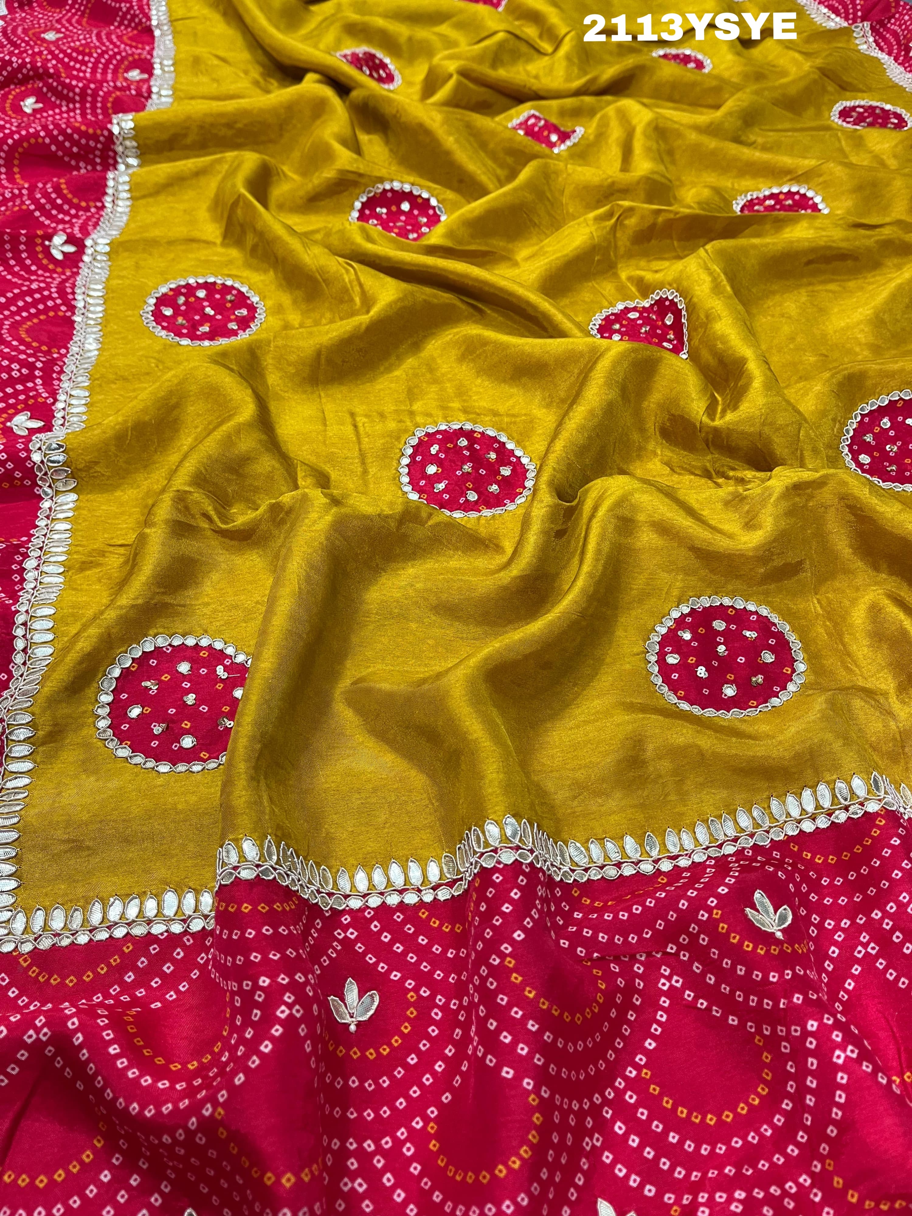 A yellow and red bandhani style dola silk saree with gota patti work