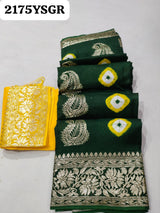 A green Dola silk saree with multi-colored bandhani style and Zari weaving work