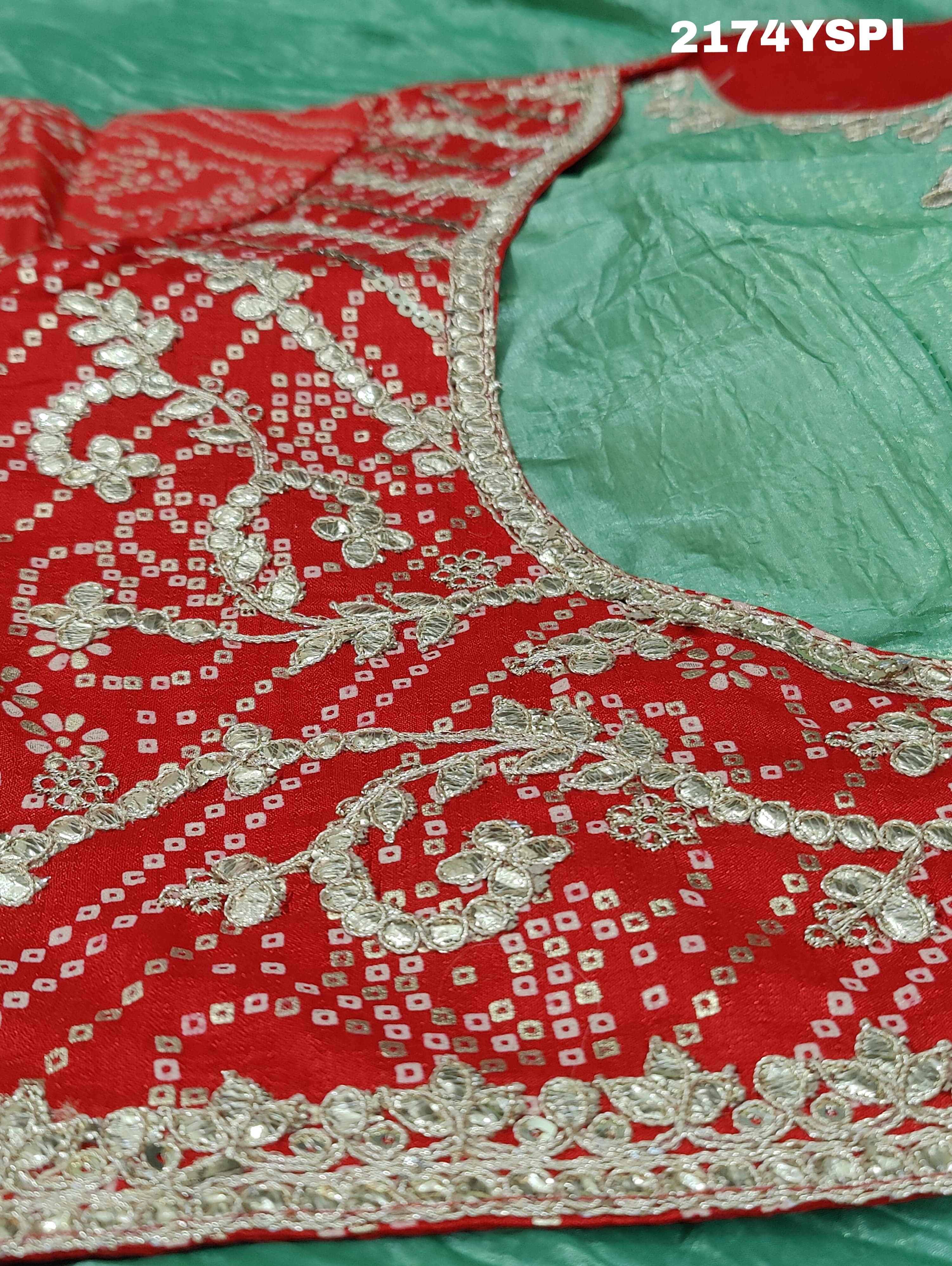 A green and red tissue silk saree with Bollywood style embellishments and gotapatti work.