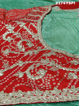A green and red tissue silk saree with Bollywood style embellishments and gotapatti work.