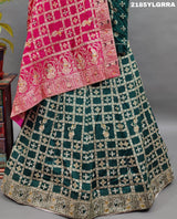 A traditional wear lehenga with Dola Silk Banarasi style embellished with white beads