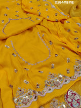 Yellow Banarasi silk saree with floral embroidery work