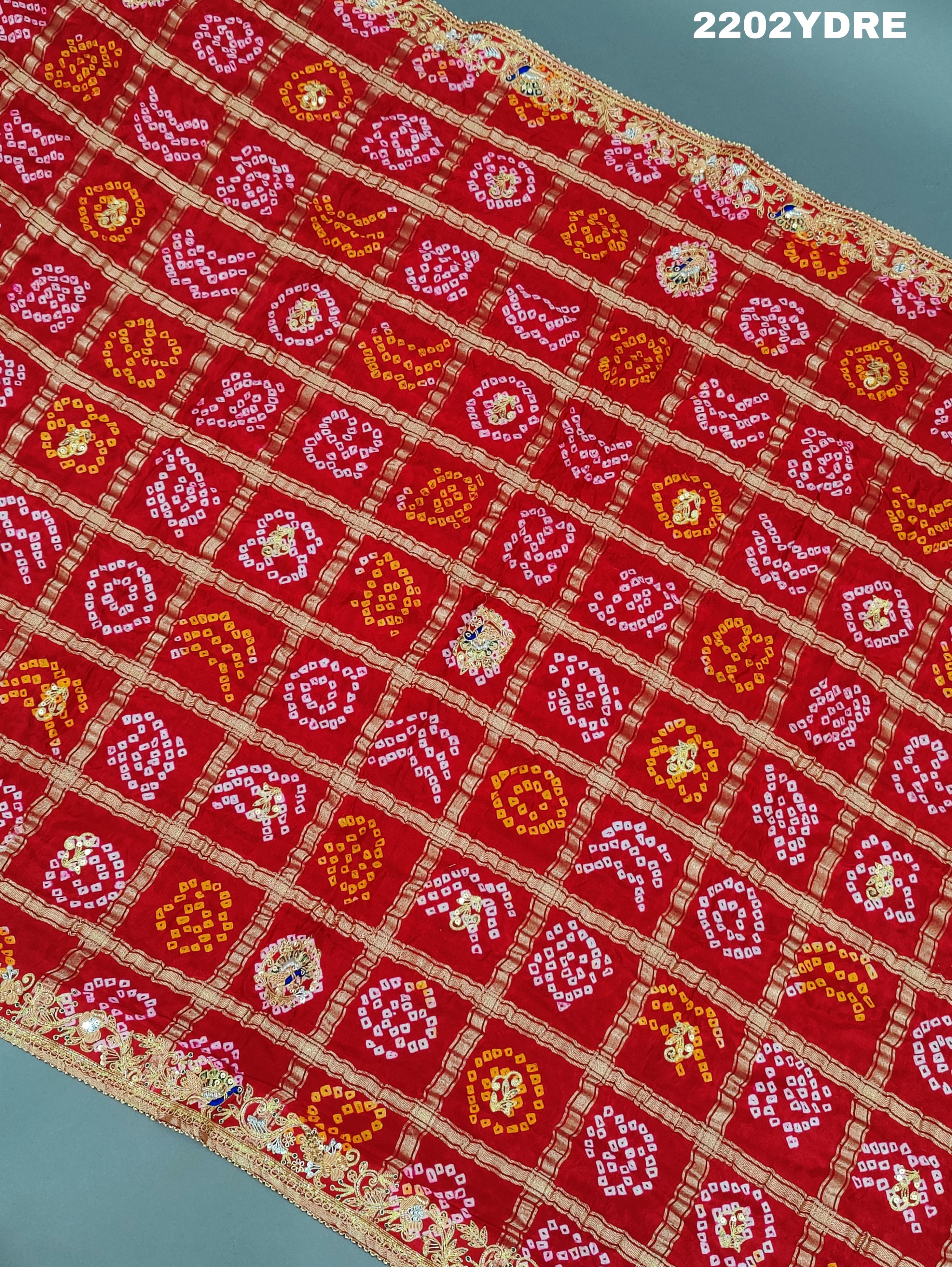 A red and multicolor pure Gaji silk bandhani odhana with zardozi work