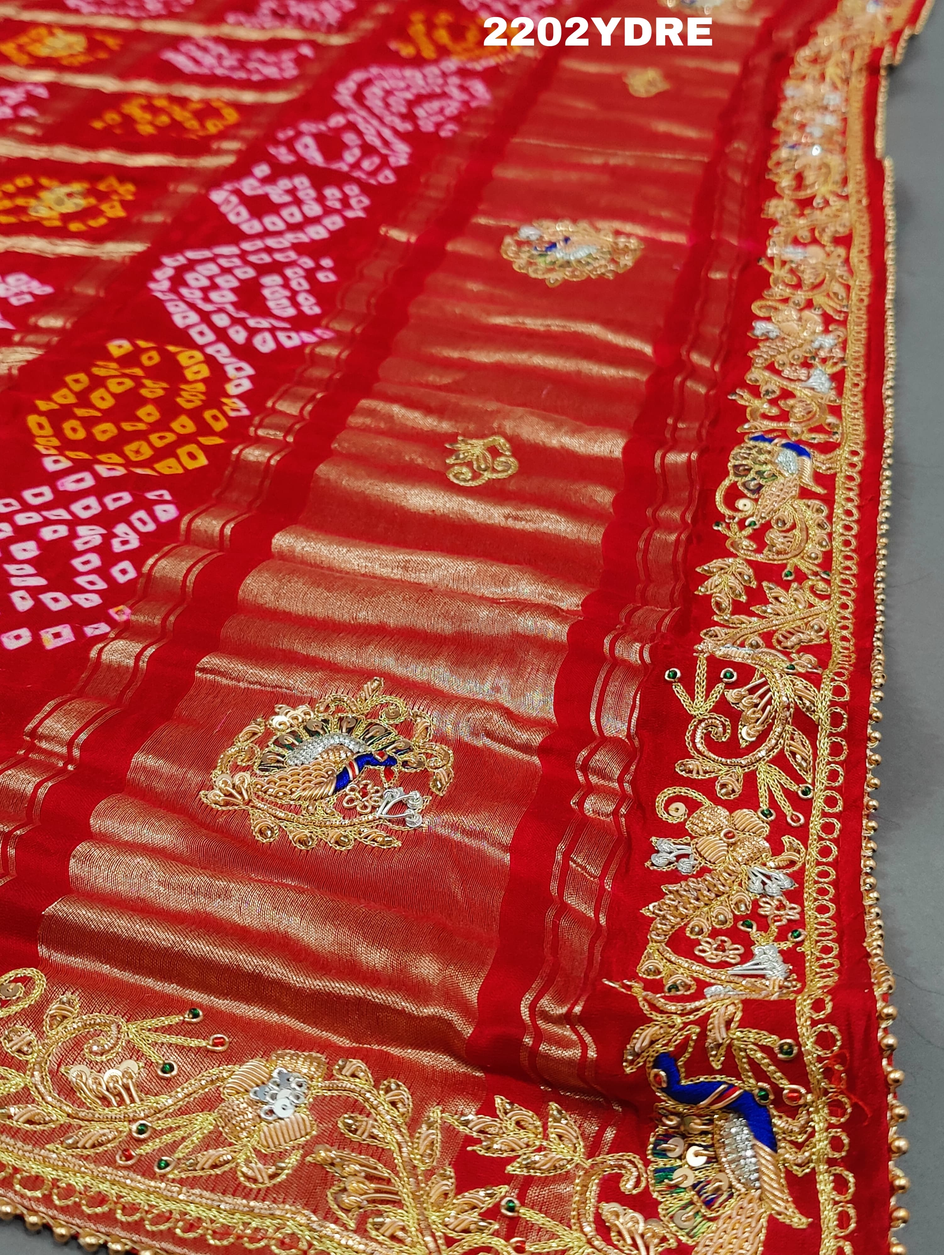 A red and multicolor pure Gaji silk bandhani odhana with zardozi work