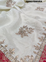 Munga Silk saree with Bandhani style embellishments and Gotapatti work, predominantly pink and white.