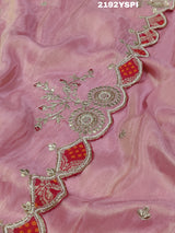 A pink Chinon silk saree with white and silver cutdana bead work and traditional border design.