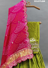 A traditional style lehenga with Bandhani style print and Gota Patti work, featuring green color