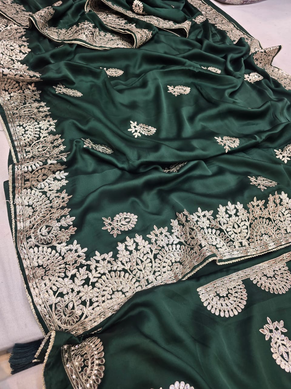 KcPc New Beautiful Satin Crape Silk Bollywood With Gotapatti or Zarkan Mix Work Saree AMT