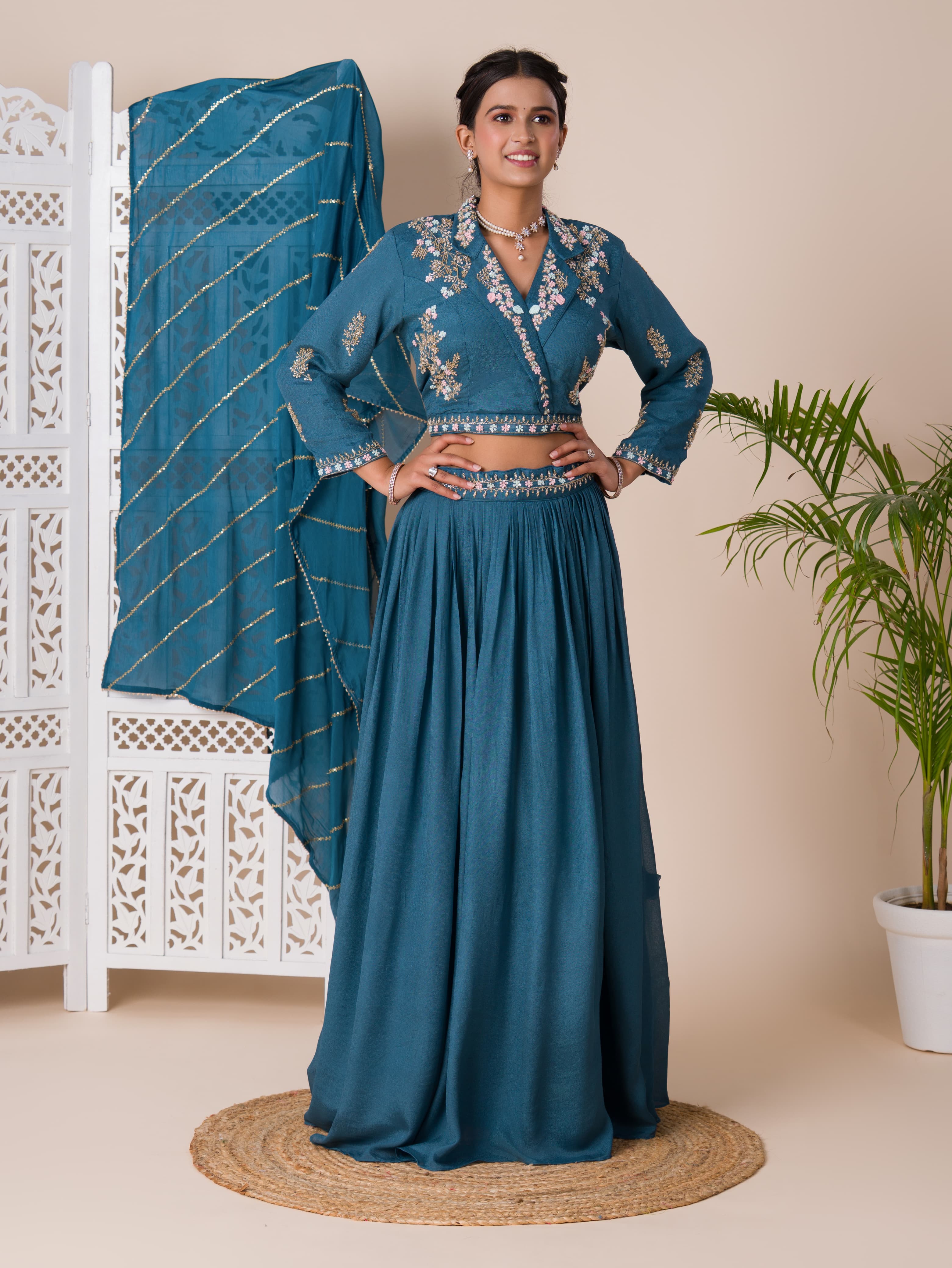 KcPc New H O silk Crop Top Style With Kashida Cutdana Work indo western Dress MUL