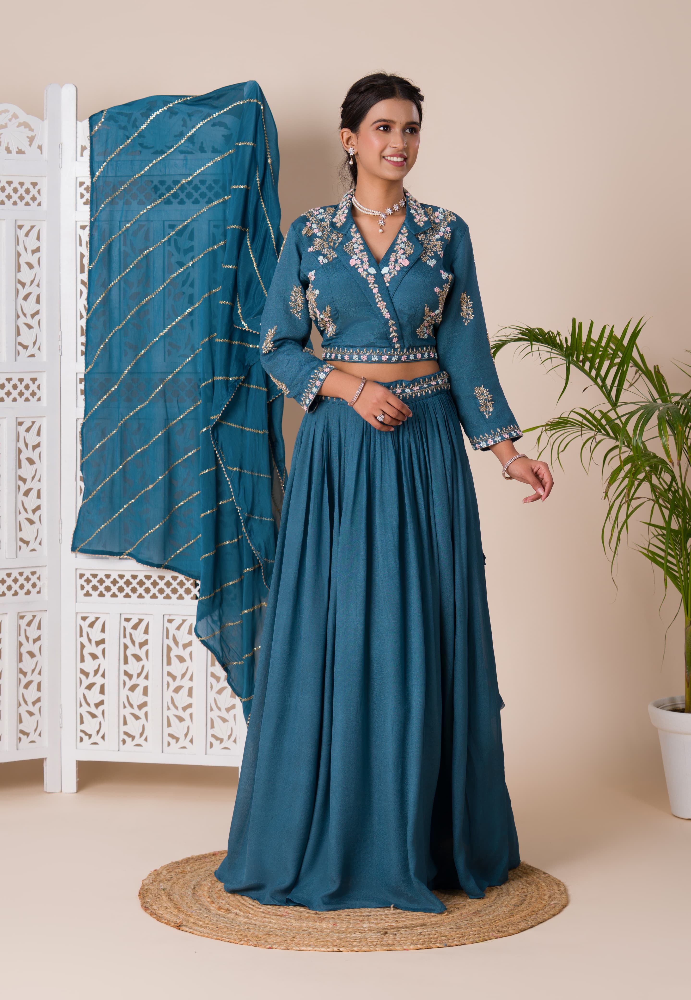 KcPc New H O silk Crop Top Style With Kashida Cutdana Work indo western Dress MUL