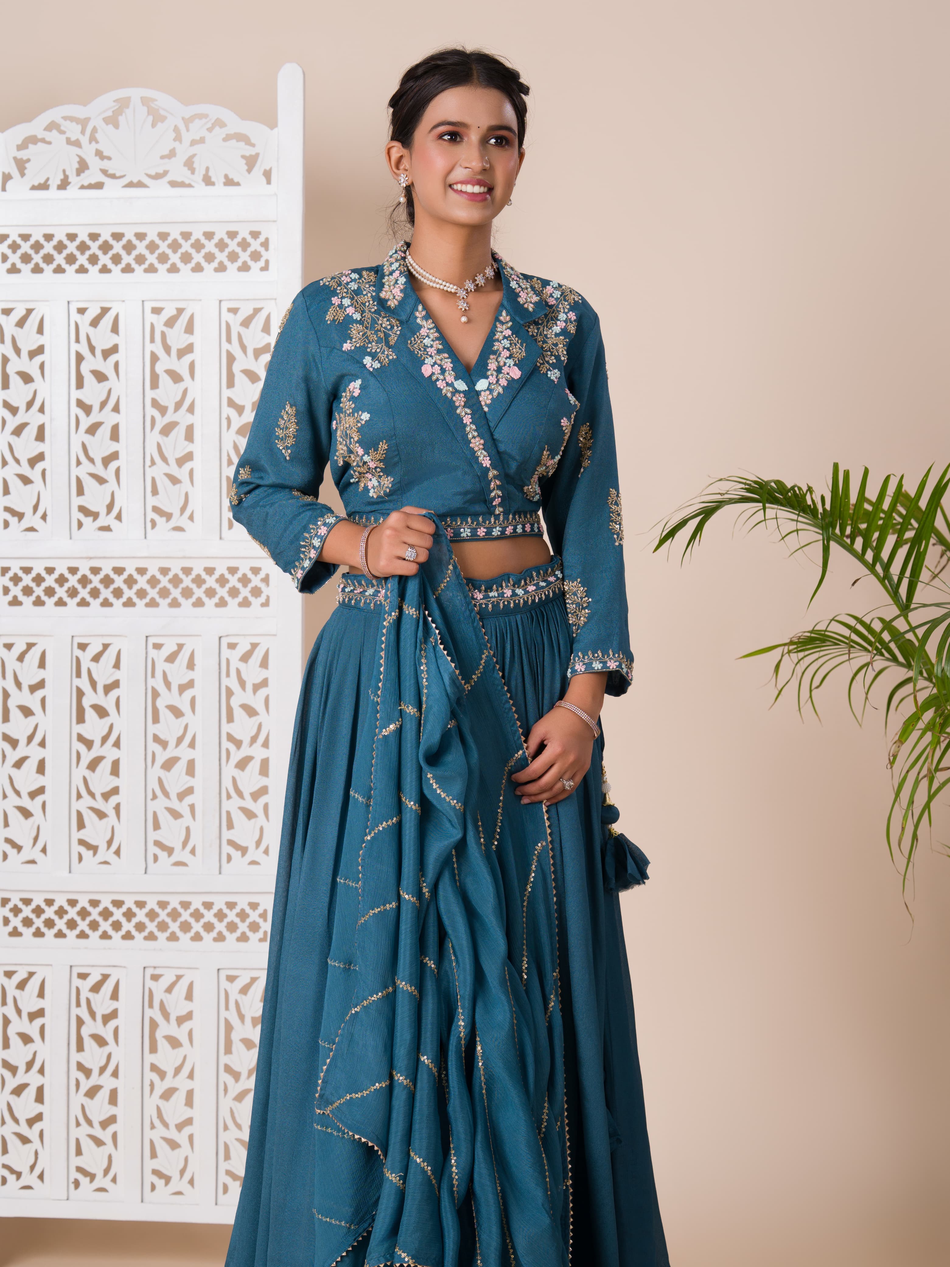 KcPc New H O silk Crop Top Style With Kashida Cutdana Work indo western Dress MUL