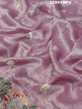 A purple tissue silk saree with Bollywood-style sequence embroidery work, suitable for traditional and party wear.