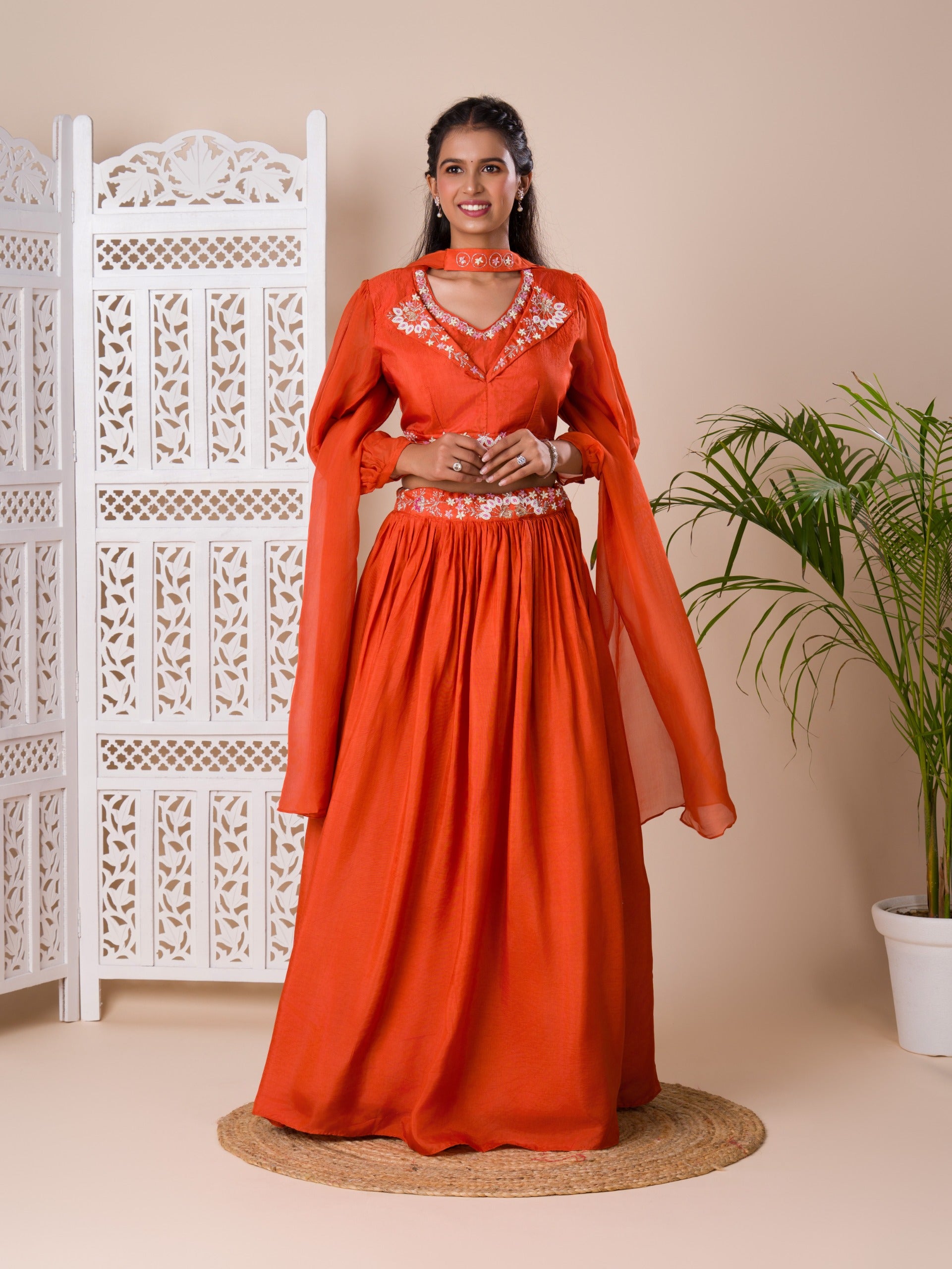 KcPc New Chinon Silk Bollywood White beads workindo western Dress MUL