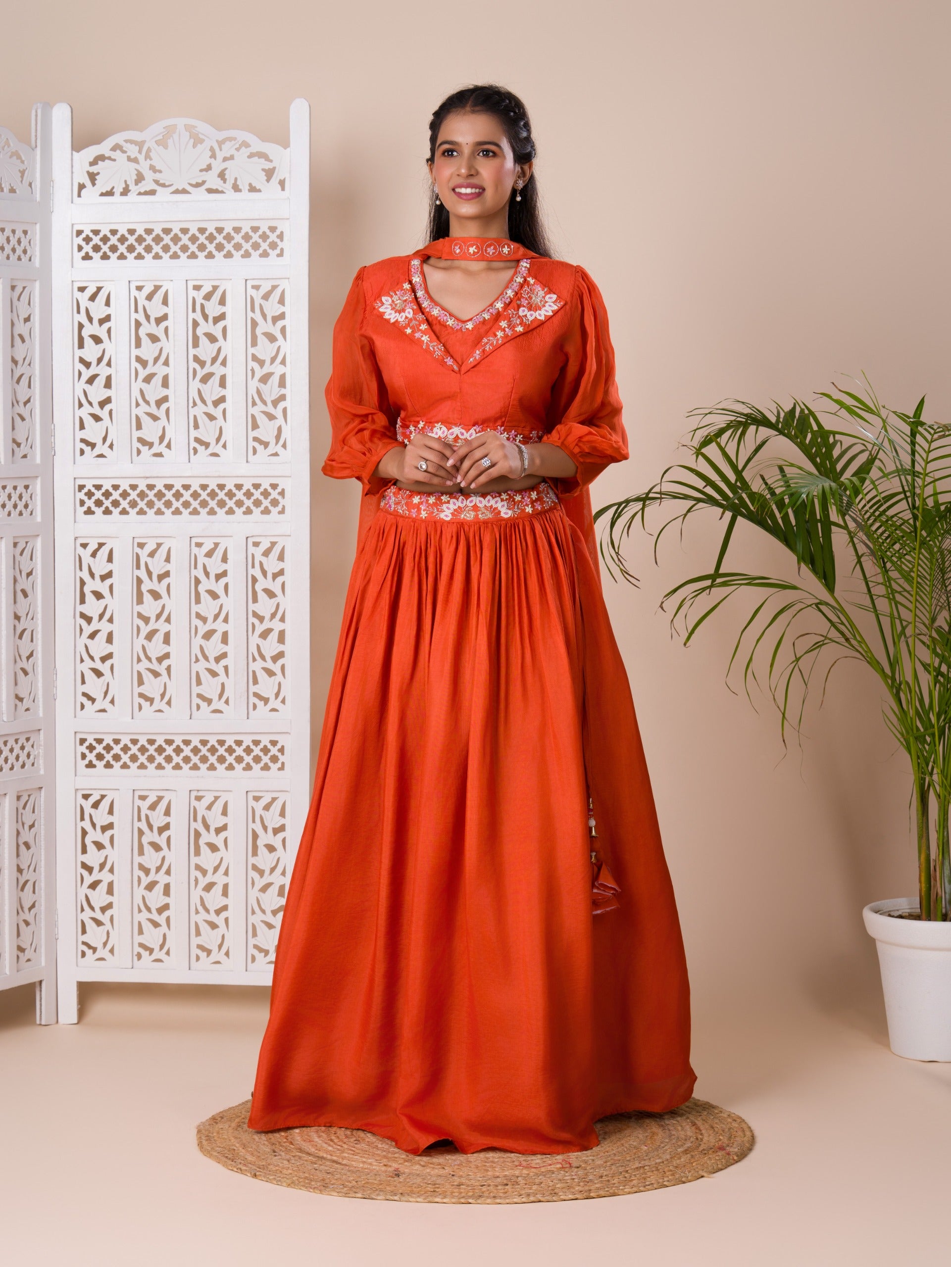 KcPc New Chinon Silk Bollywood White beads workindo western Dress MUL