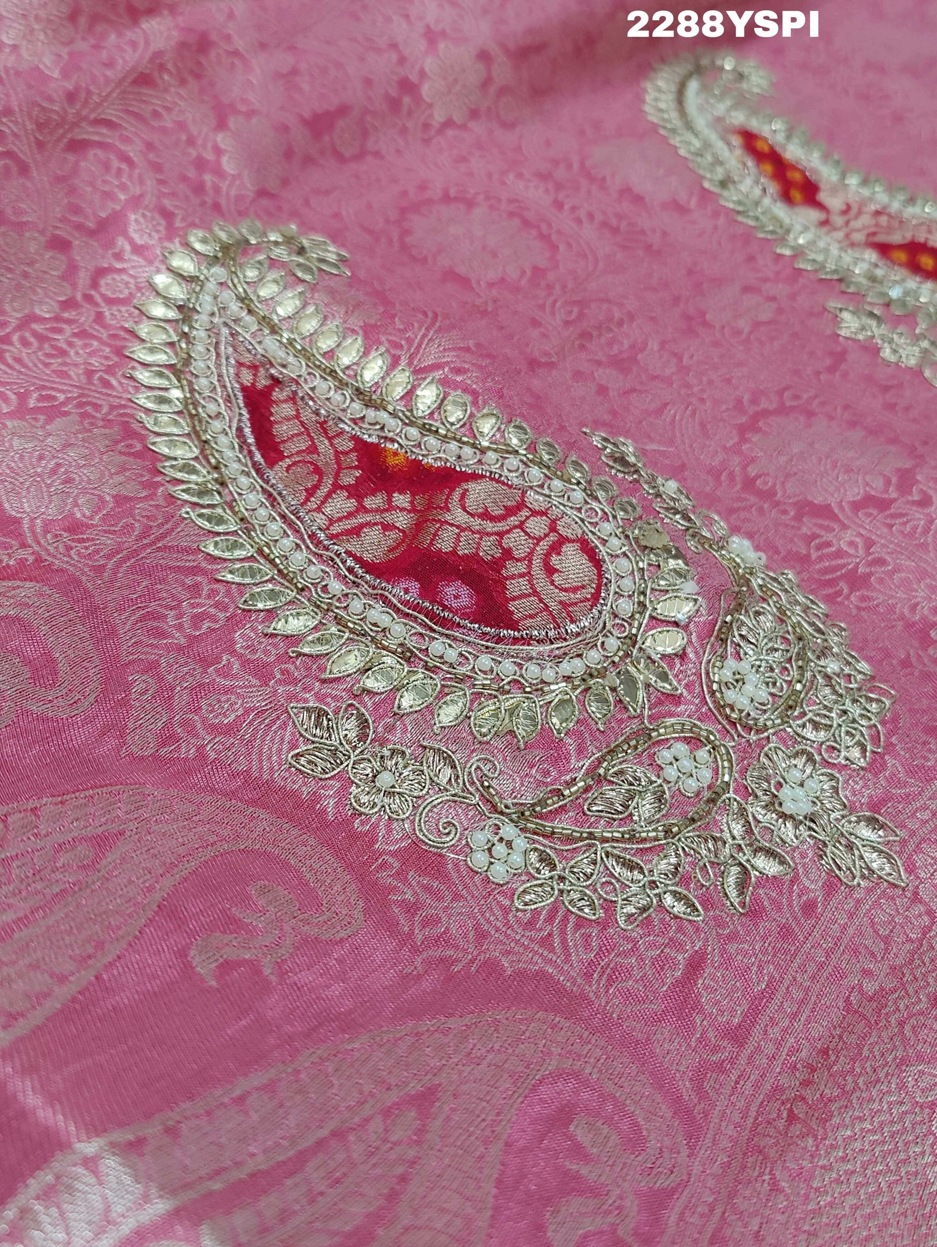 A pink Banarsi silk Bollywood style saree with sequence and gotapatti work