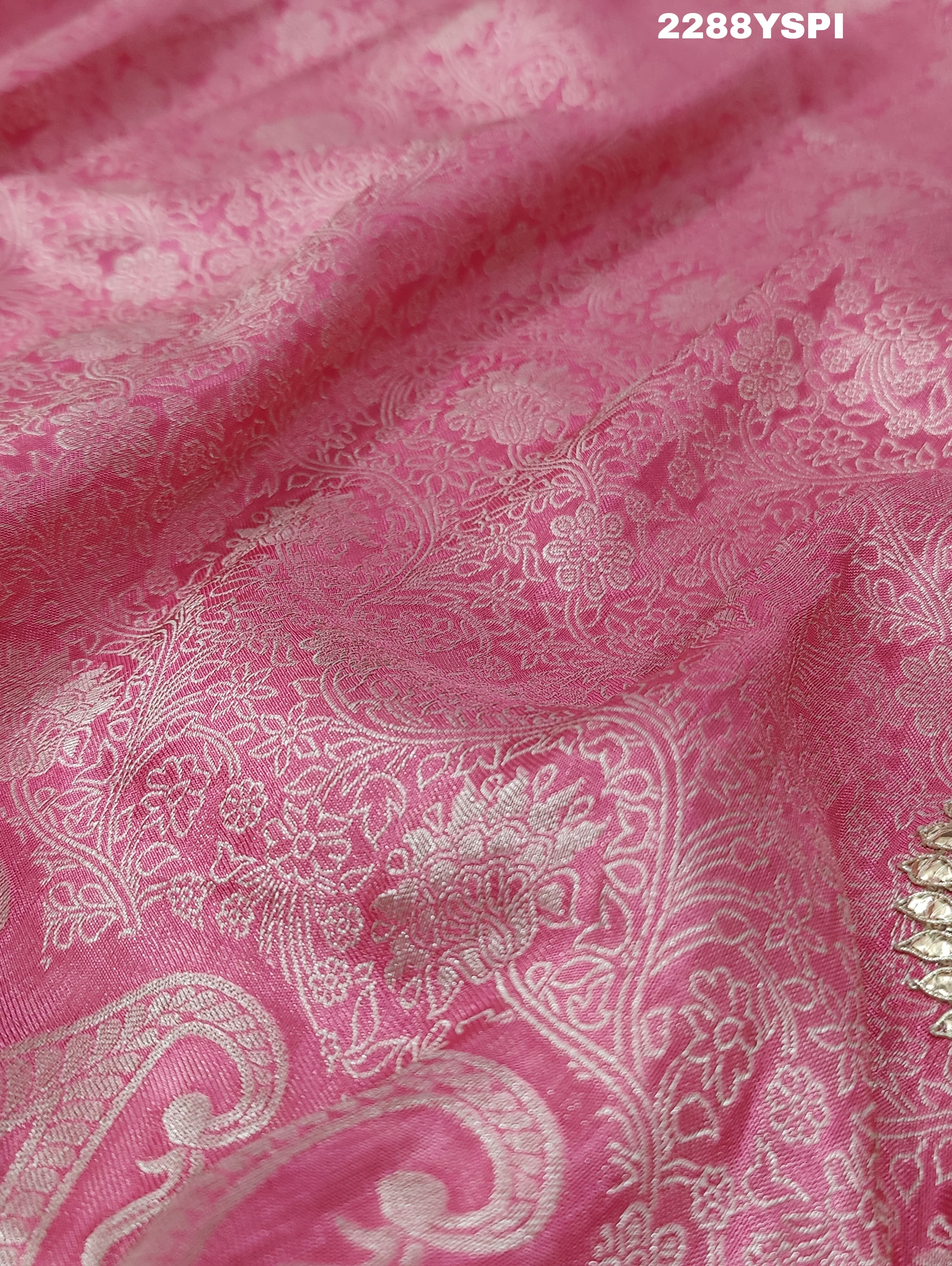 A pink Banarsi silk Bollywood style saree with sequence and gotapatti work