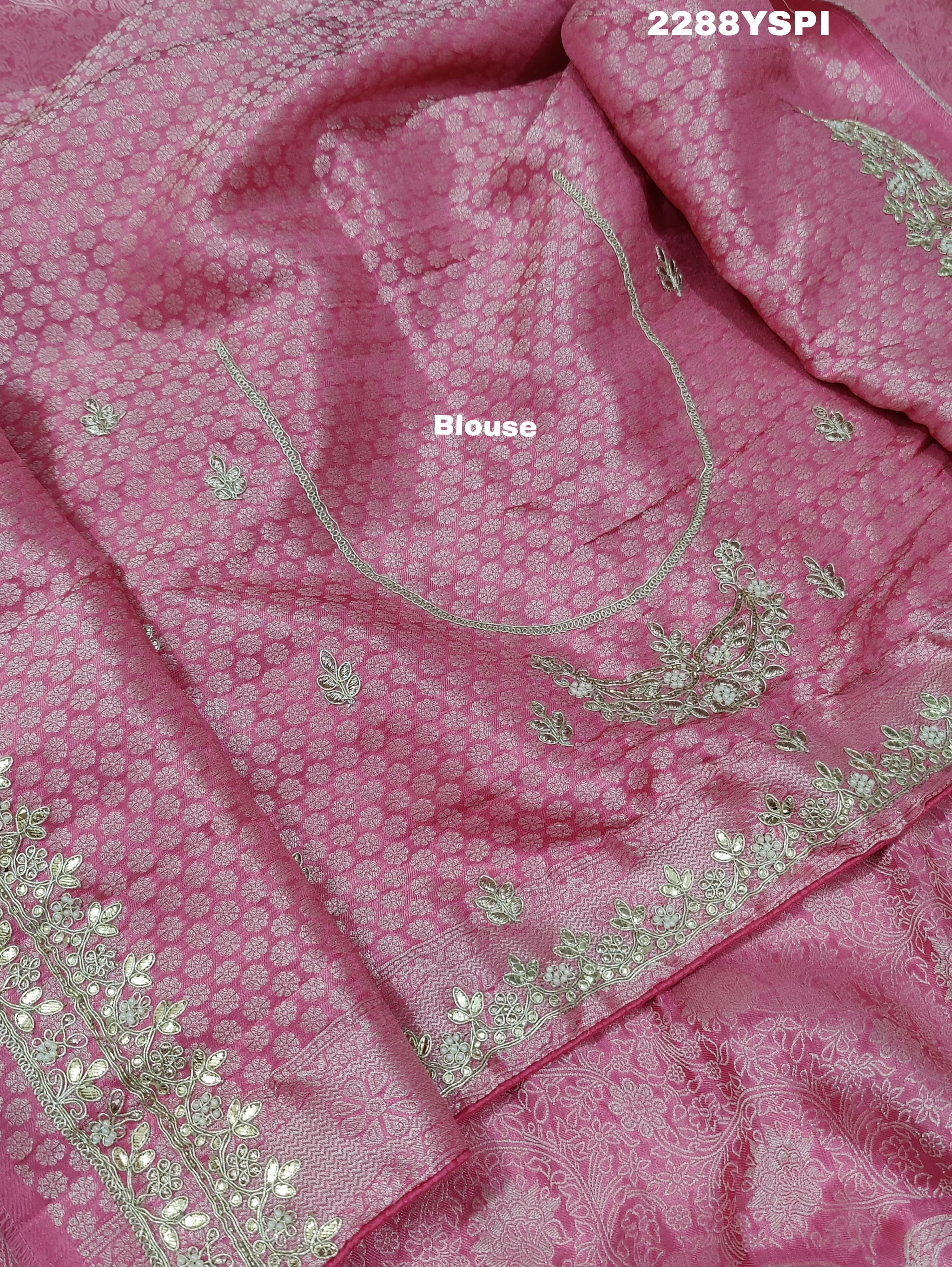 A pink Banarsi silk Bollywood style saree with sequence and gotapatti work