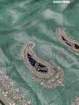 A green Banarsi silk saree with Bollywood style embellishments including sequins and gotapatti work