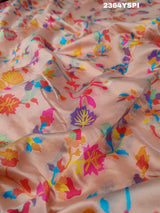 A pink and yellow cotton silk saree with Kashmiri style patterns and Meenakari weaving work.