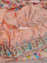 A pink and yellow cotton silk saree with Kashmiri style patterns and Meenakari weaving work.