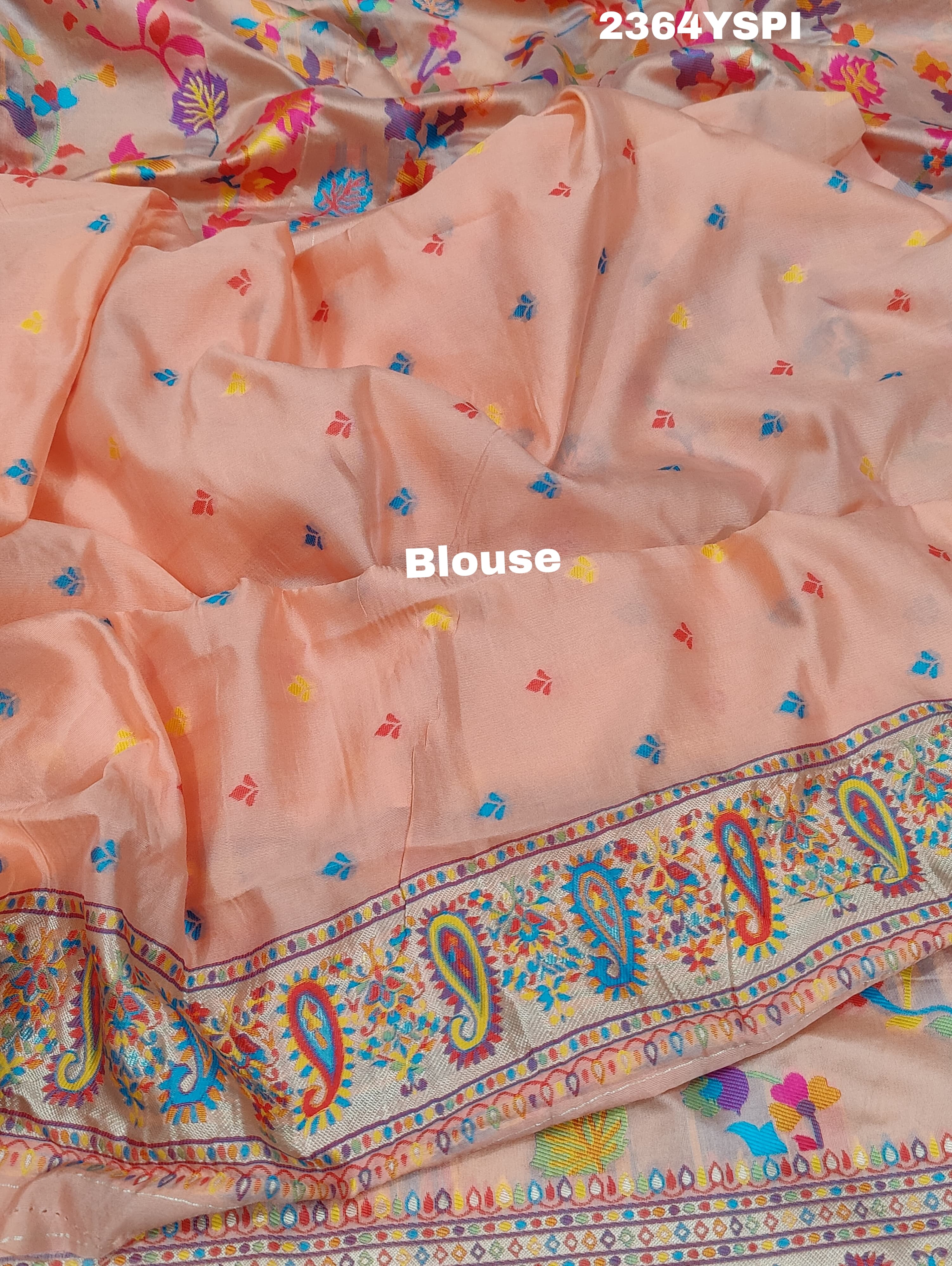 A pink and yellow cotton silk saree with Kashmiri style patterns and Meenakari weaving work.