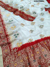 A Banarasi style saree with zari weaving, showcasing both the intricate detailing and the fabric's texture.