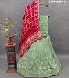 A pista Lehenga with pink gota patti work and a red dupatta