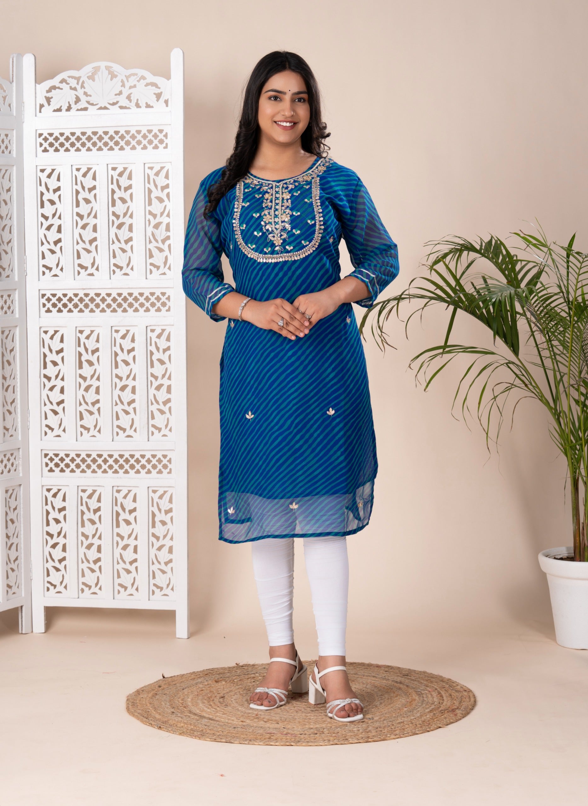 KcPc New Arrival Jaipuri Traditional Marwadi Leheriya Gotapatti Handwork Long Straight KurtiKML