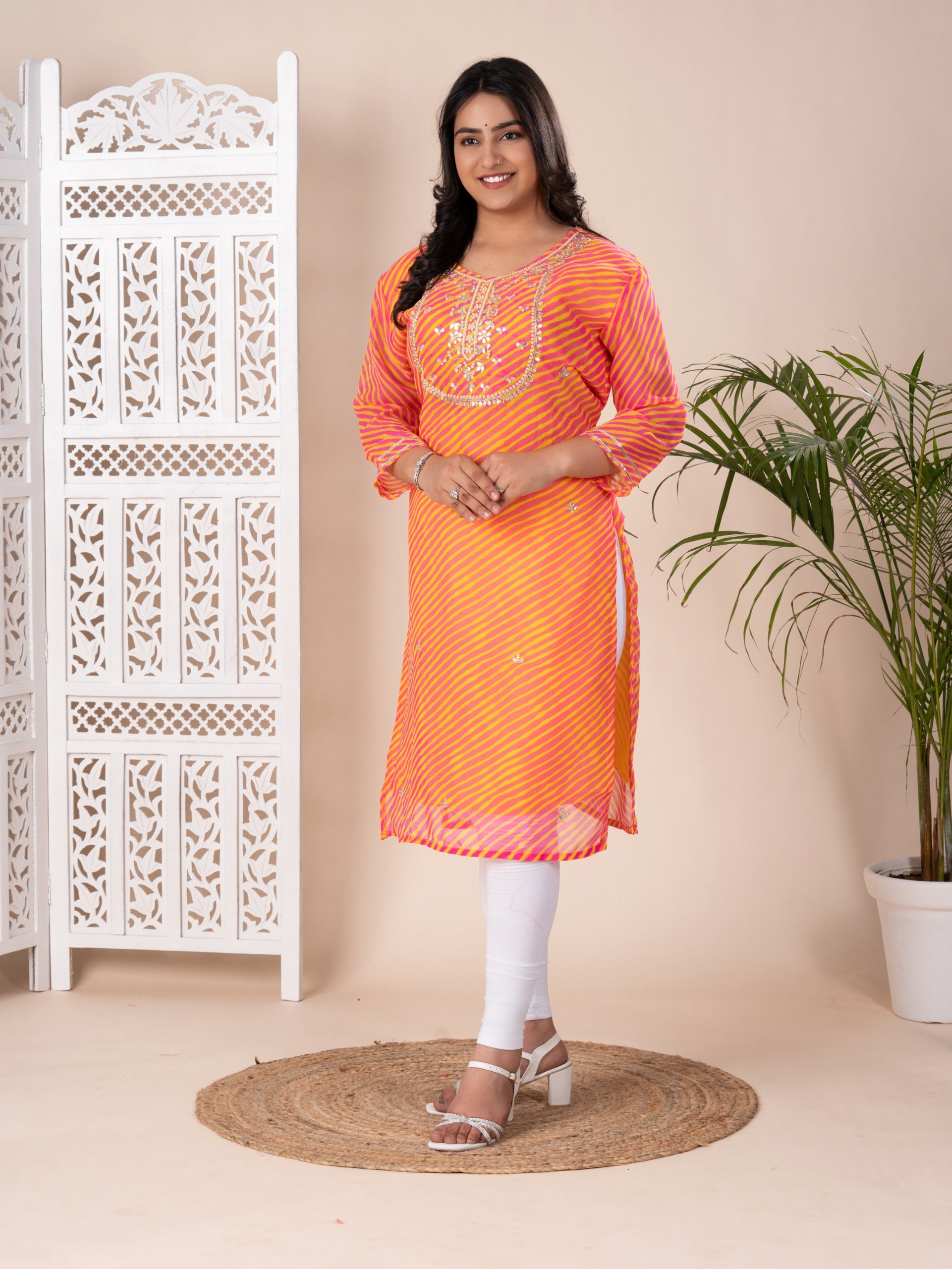 KcPcNew Arrival Jaipuri Traditional Marwadi Leheriya Gotapatti Handwork Long Straight KurtiKML