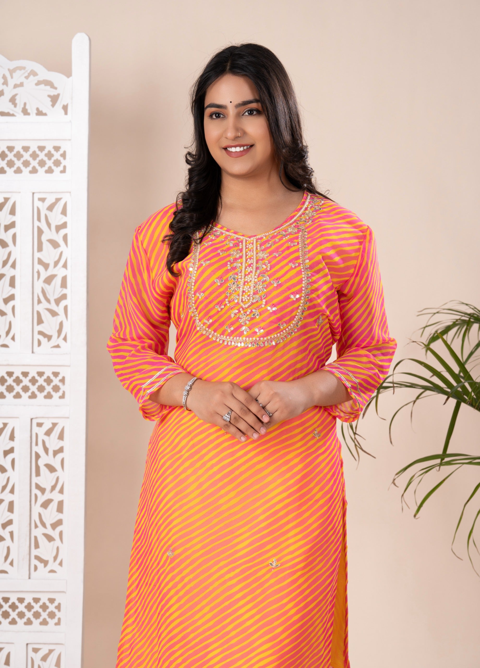 KcPcNew Arrival Jaipuri Traditional Marwadi Leheriya Gotapatti Handwork Long Straight KurtiKML