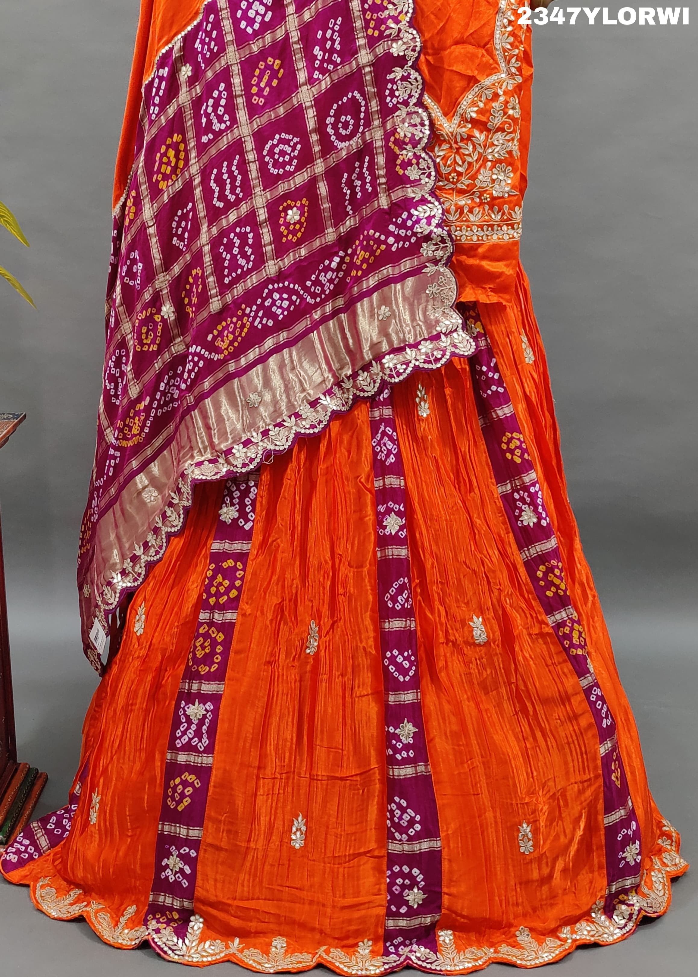 Traditional Indian Gaji Silk Bandhani Lehenga with Gota Patti work
