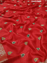 A red Banarasi silk saree with cutdana work and a golden border,