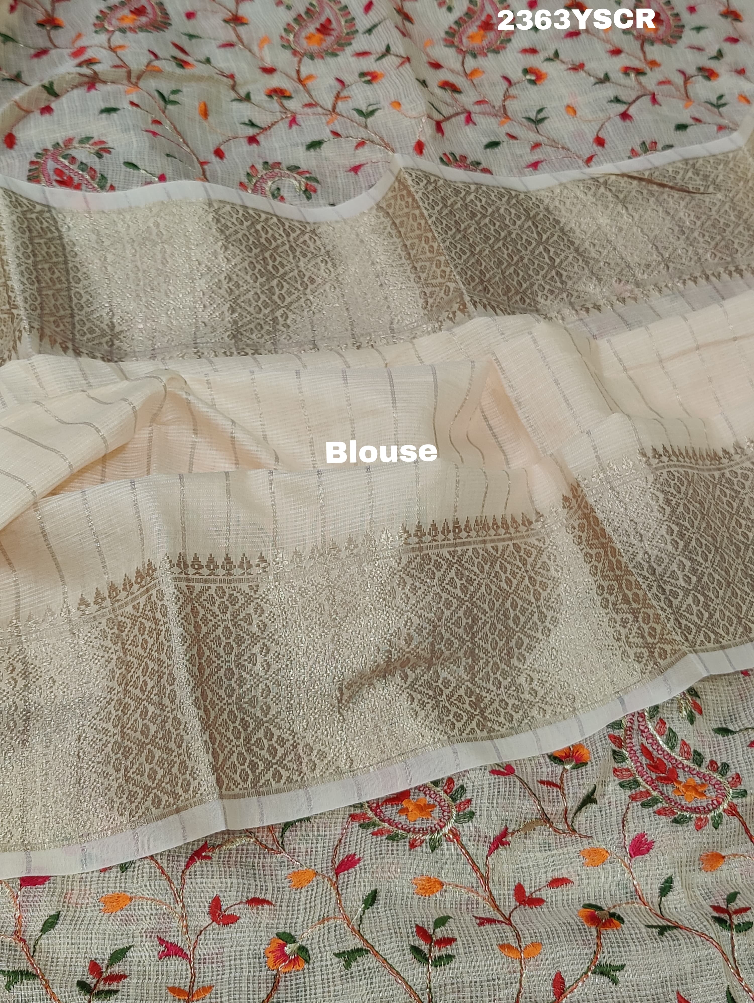 A cream-colored Kota Doriya saree with floral pattern
