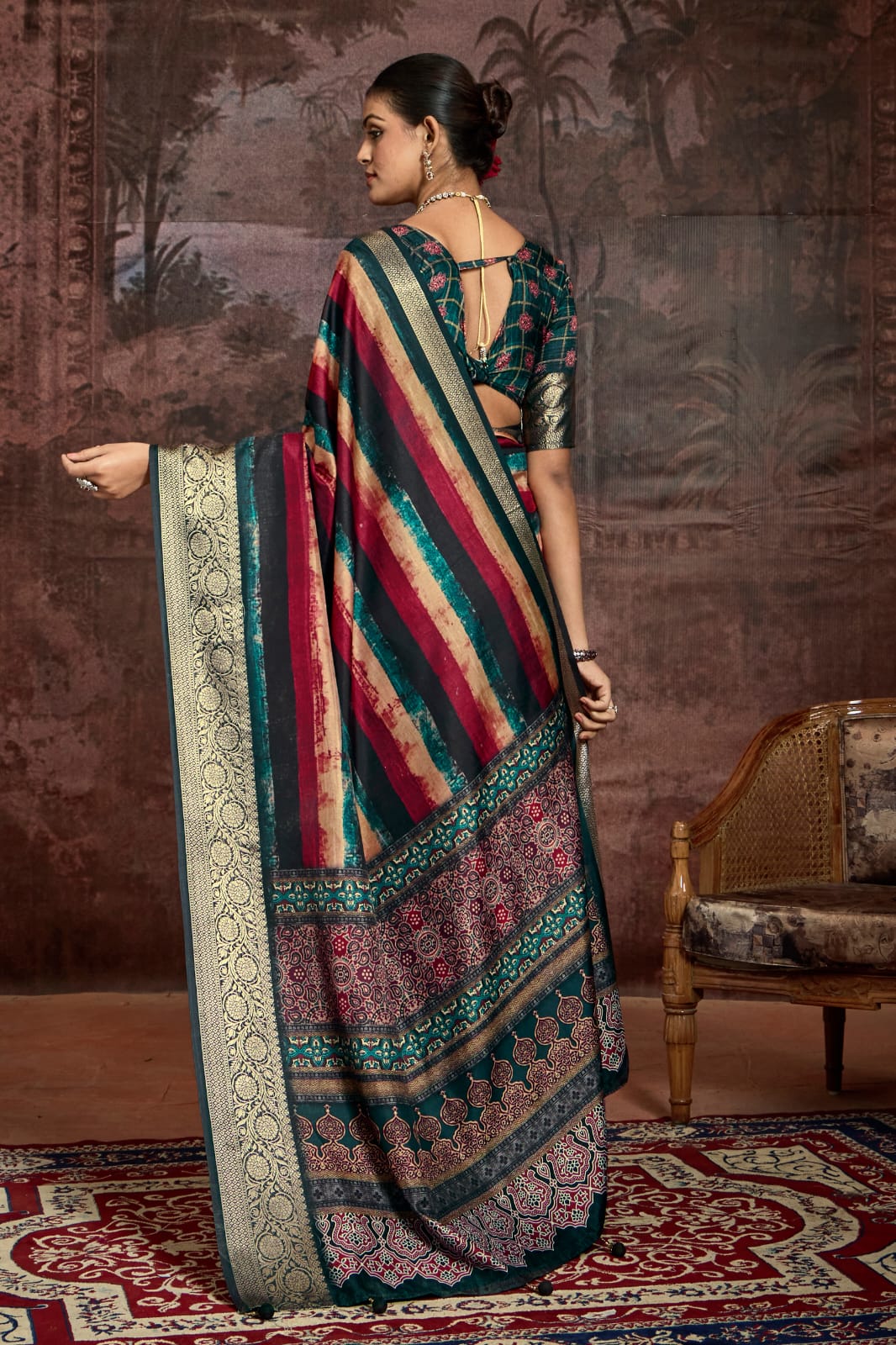 Silk Banarasi Style With Zari border Saree for festival
