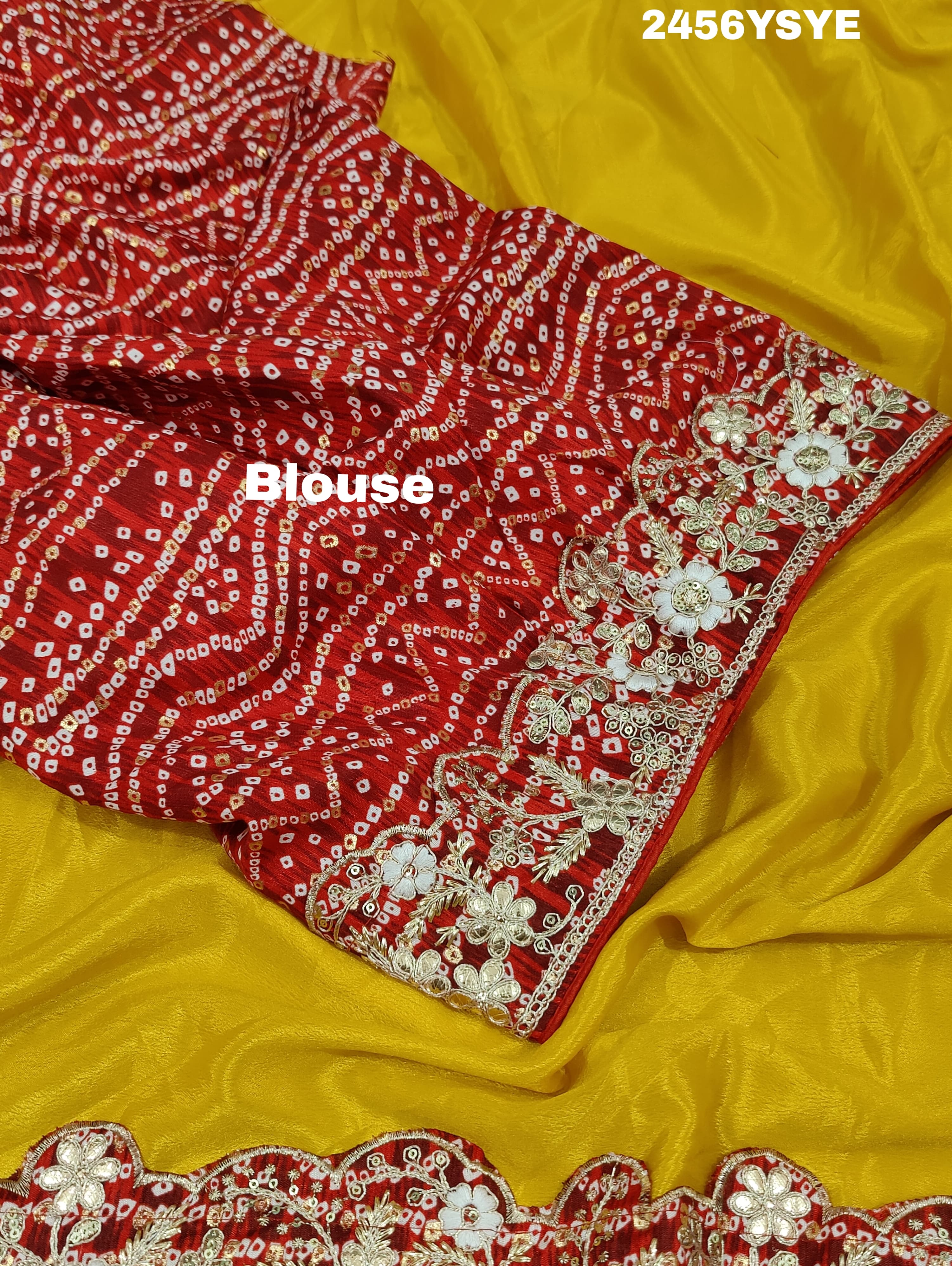 A yellow saree with red borderChinon Silk Bollywood Style With Sequence Gotapatti Work Saree