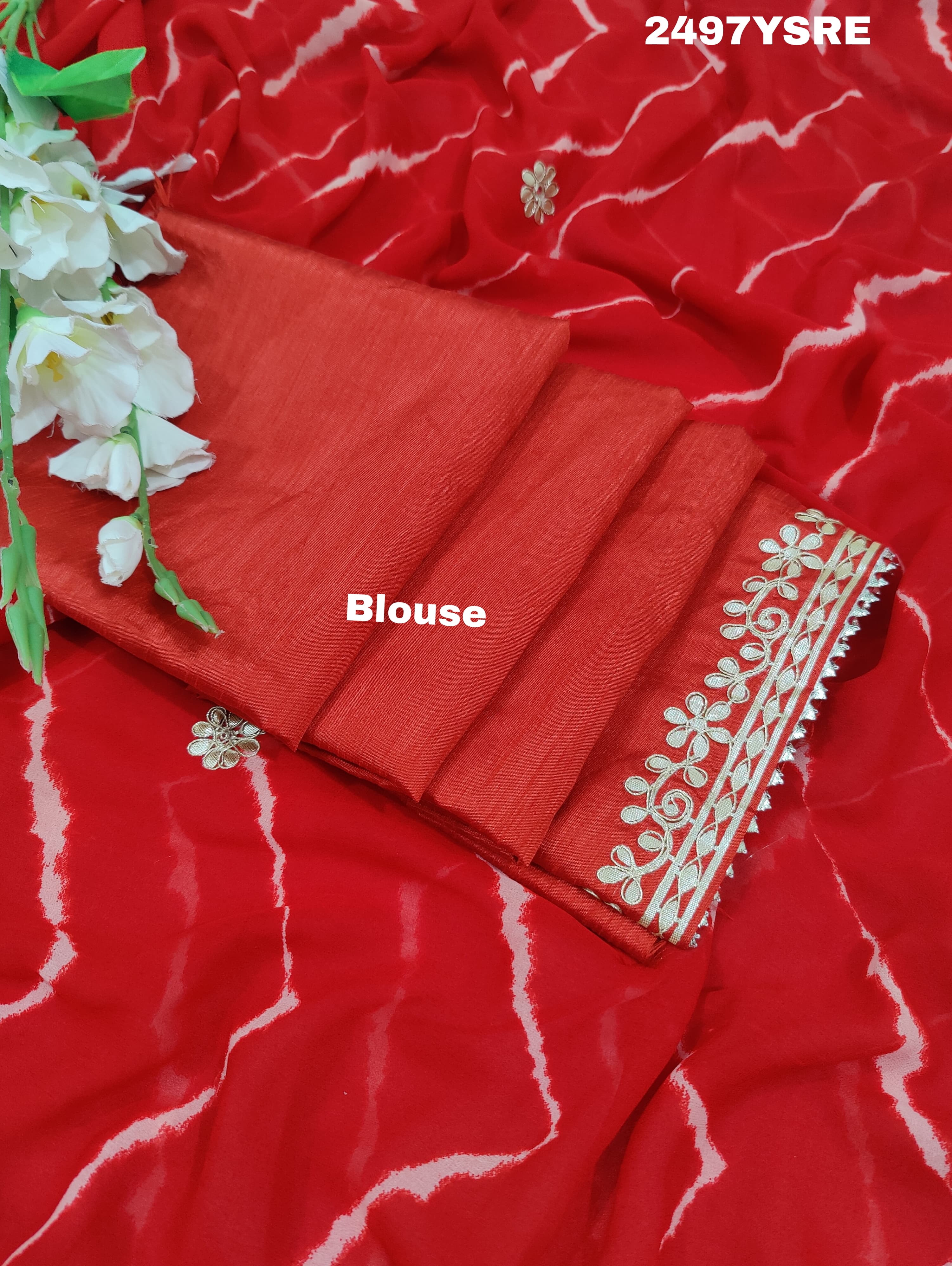 Chiffon Leheriya Style Wih Gotapatti Work Saree in red colour